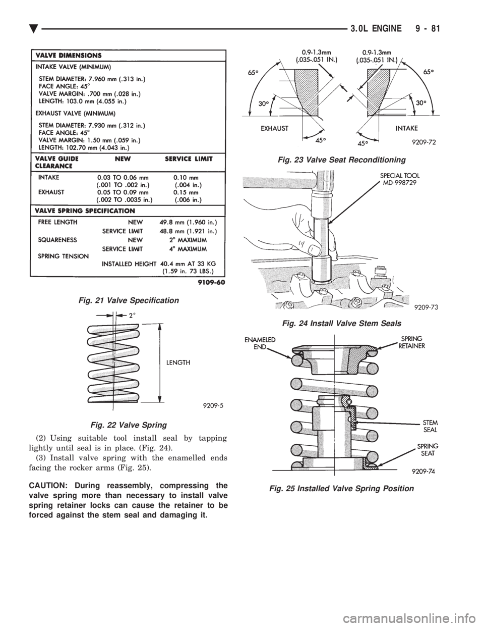 CHEVROLET PLYMOUTH ACCLAIM 1993  Service Manual (2) Using suitable tool install seal by tapping 
lightly until seal is in place. (Fig. 24). (3) Install valve spring with the enamelled ends
facing the rocker arms (Fig. 25). 
CAUTION: During reassemb