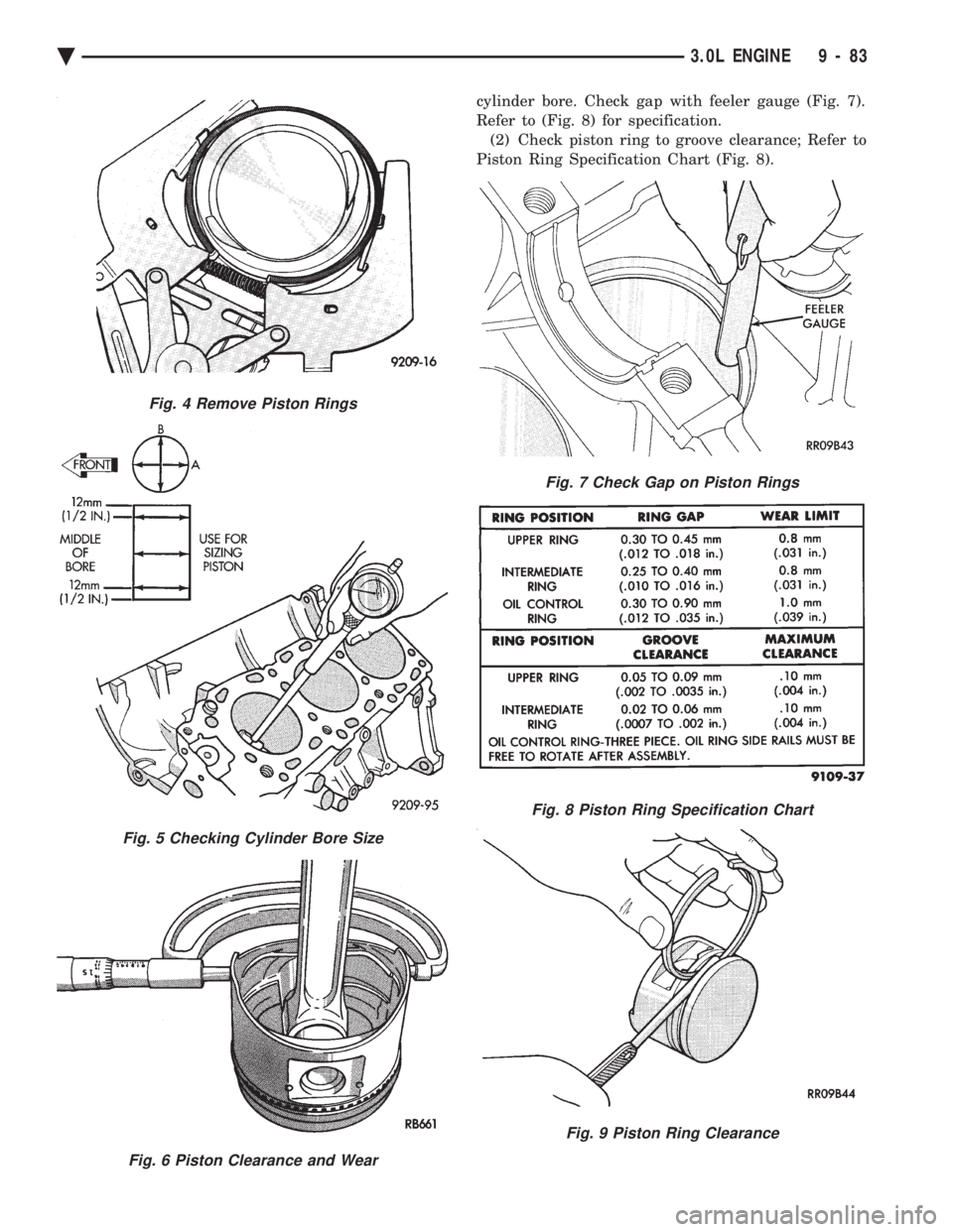 CHEVROLET PLYMOUTH ACCLAIM 1993  Service Manual cylinder bore. Check gap with feeler gauge (Fig. 7). 
Refer to (Fig. 8) for specification.(2) Check piston ring to groove clearance; Refer to
Piston Ring Specification Chart (Fig. 8).
Fig. 4 Remove Pi