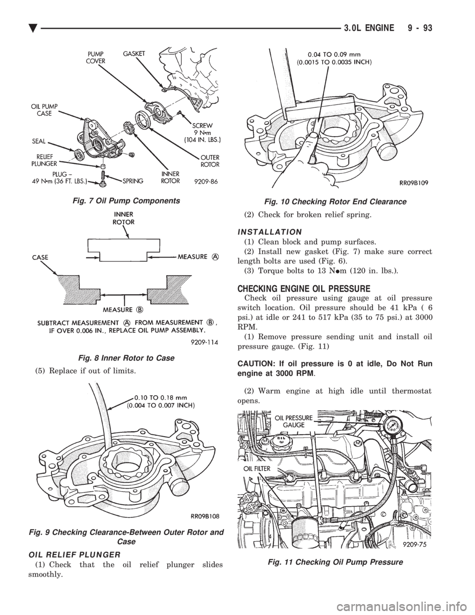 CHEVROLET PLYMOUTH ACCLAIM 1993  Service Manual (5) Replace if out of limits.
OIL RELIEF PLUNGER
(1) Check that the oil relief plunger slides 
smoothly.  (2) Check for broken relief spring.
INSTALLATION
(1) Clean block and pump surfaces. 
(2) Insta
