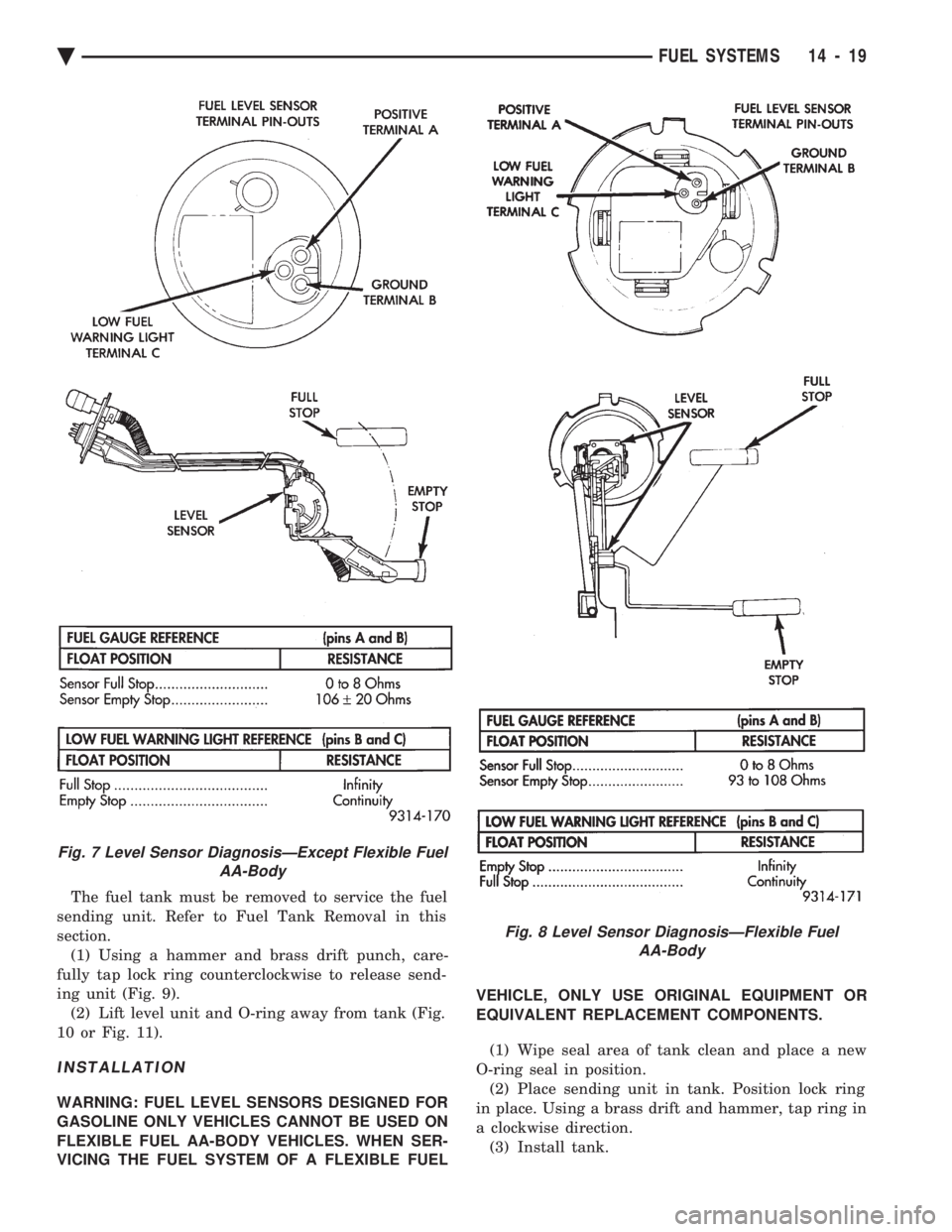 CHEVROLET PLYMOUTH ACCLAIM 1993  Service Manual The fuel tank must be removed to service the fuel 
sending unit. Refer to Fuel Tank Removal in this
section. (1) Using a hammer and brass drift punch, care-
fully tap lock ring counterclockwise to rel