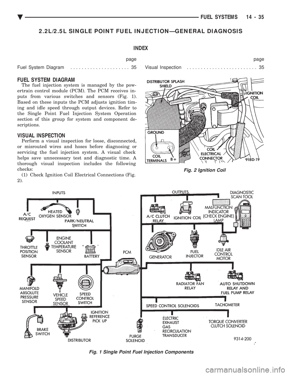 CHEVROLET PLYMOUTH ACCLAIM 1993  Service Manual 2.2L/2.5L SINGLE POINT FUEL INJECTIONÐGENERAL DIAGNOSIS INDEX
page page 
Fuel System Diagram  ..................... 35 Visual Inspection......................... 35
FUEL SYSTEM DIAGRAM
The fuel injec