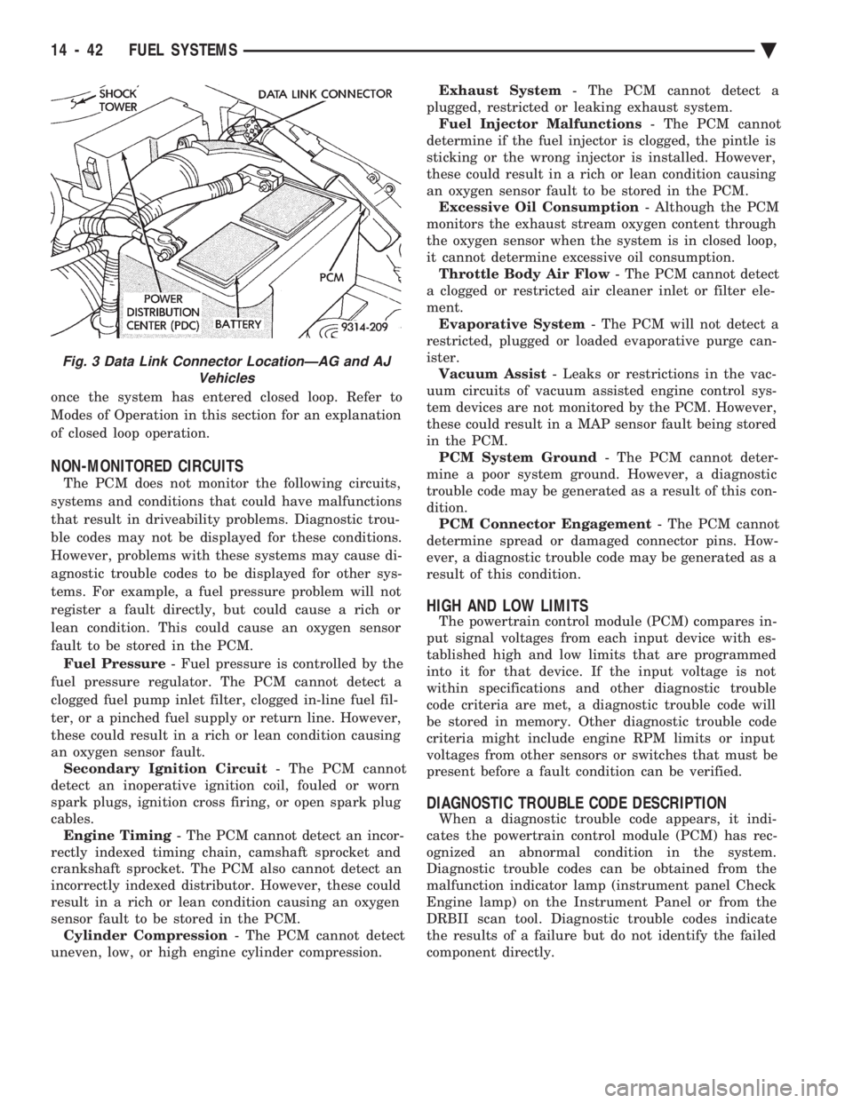 CHEVROLET PLYMOUTH ACCLAIM 1993  Service Manual once the system has entered closed loop. Refer to 
Modes of Operation in this section for an explanation
of closed loop operation.
NON-MONITORED CIRCUITS
The PCM does not monitor the following circuit