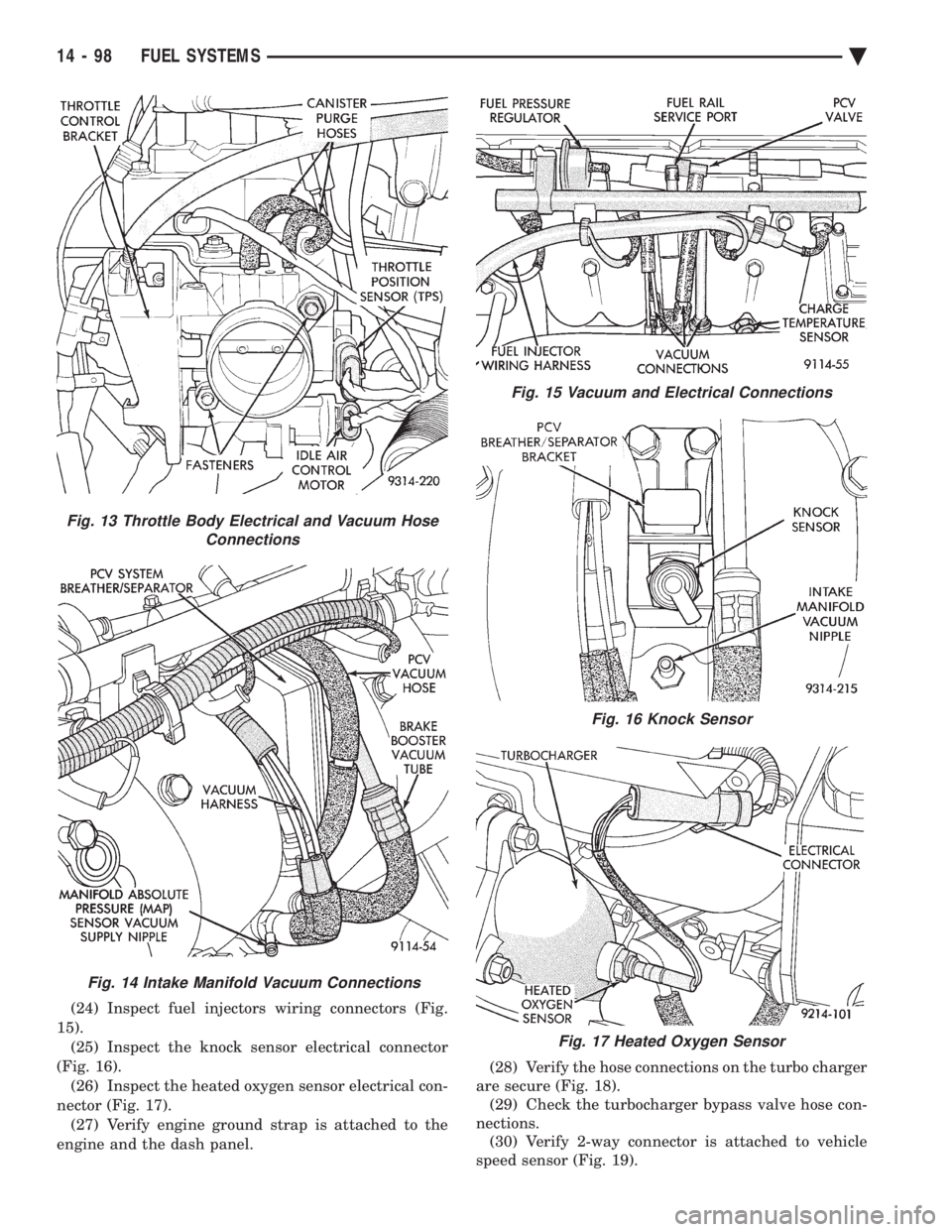 CHEVROLET PLYMOUTH ACCLAIM 1993  Service Manual (24) Inspect fuel injectors wiring connectors (Fig. 
15). (25) Inspect the knock sensor electrical connector
(Fig. 16). (26) Inspect the heated oxygen sensor electrical con-
nector (Fig. 17). (27) Ver