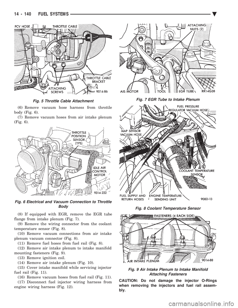 CHEVROLET PLYMOUTH ACCLAIM 1993 Service Manual (6) Remove vacuum hose harness from throttle
body (Fig. 6). (7) Remove vacuum hoses from air intake plenum
(Fig. 6).
(8) If equipped with EGR, remove the EGR tube
flange from intake plenum (Fig. 7) CHEVROLET PLYMOUTH ACCLAIM 1993 Service Manual (6) Remove vacuum hose harness from throttle
body (Fig. 6). (7) Remove vacuum hoses from air intake plenum
(Fig. 6).
(8) If equipped with EGR, remove the EGR tube
flange from intake plenum (Fig. 7)