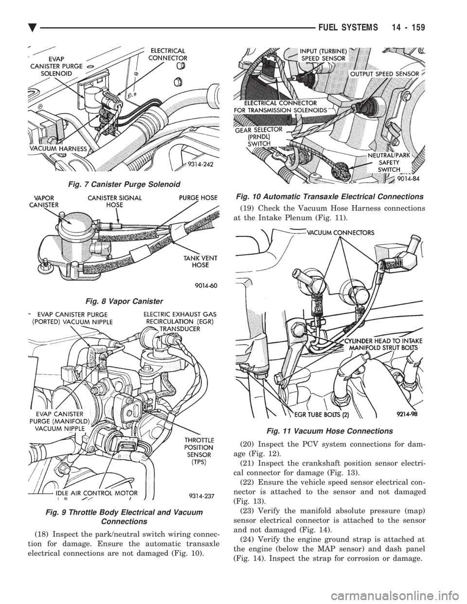 CHEVROLET PLYMOUTH ACCLAIM 1993 Service Manual (18) Inspect the park/neutral switch wiring connec-
tion for damage. Ensure the automatic transaxle
electrical connections are not damaged (Fig. 10). (19) Check the Vacuum Hose Harness connections
CHEVROLET PLYMOUTH ACCLAIM 1993 Service Manual (18) Inspect the park/neutral switch wiring connec-
tion for damage. Ensure the automatic transaxle
electrical connections are not damaged (Fig. 10). (19) Check the Vacuum Hose Harness connections