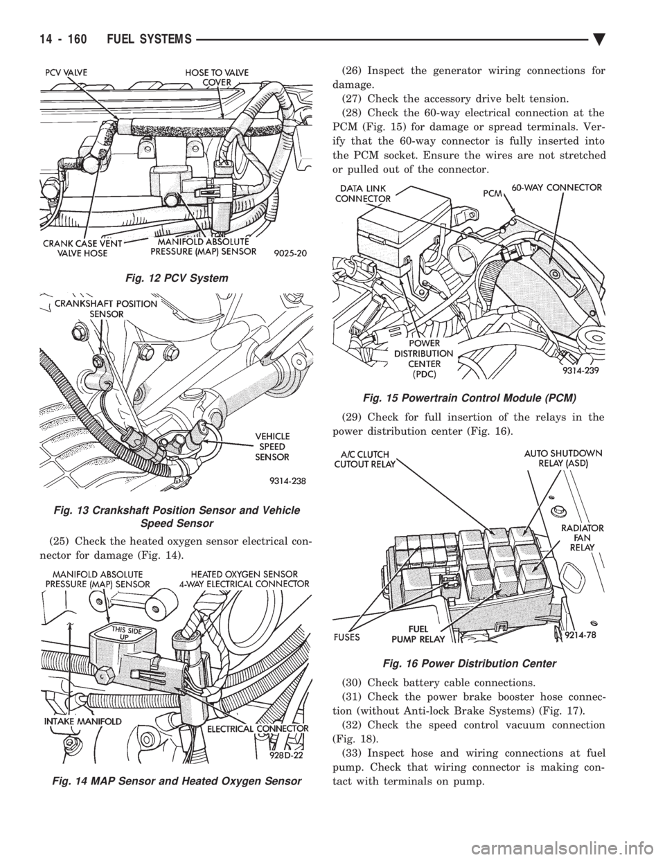 CHEVROLET PLYMOUTH ACCLAIM 1993 Service Manual (25) Check the heated oxygen sensor electrical con-
nector for damage (Fig. 14). (26) Inspect the generator wiring connections for
damage. (27) Check the accessory drive belt tension.
(28) Check th CHEVROLET PLYMOUTH ACCLAIM 1993 Service Manual (25) Check the heated oxygen sensor electrical con-
nector for damage (Fig. 14). (26) Inspect the generator wiring connections for
damage. (27) Check the accessory drive belt tension.
(28) Check th