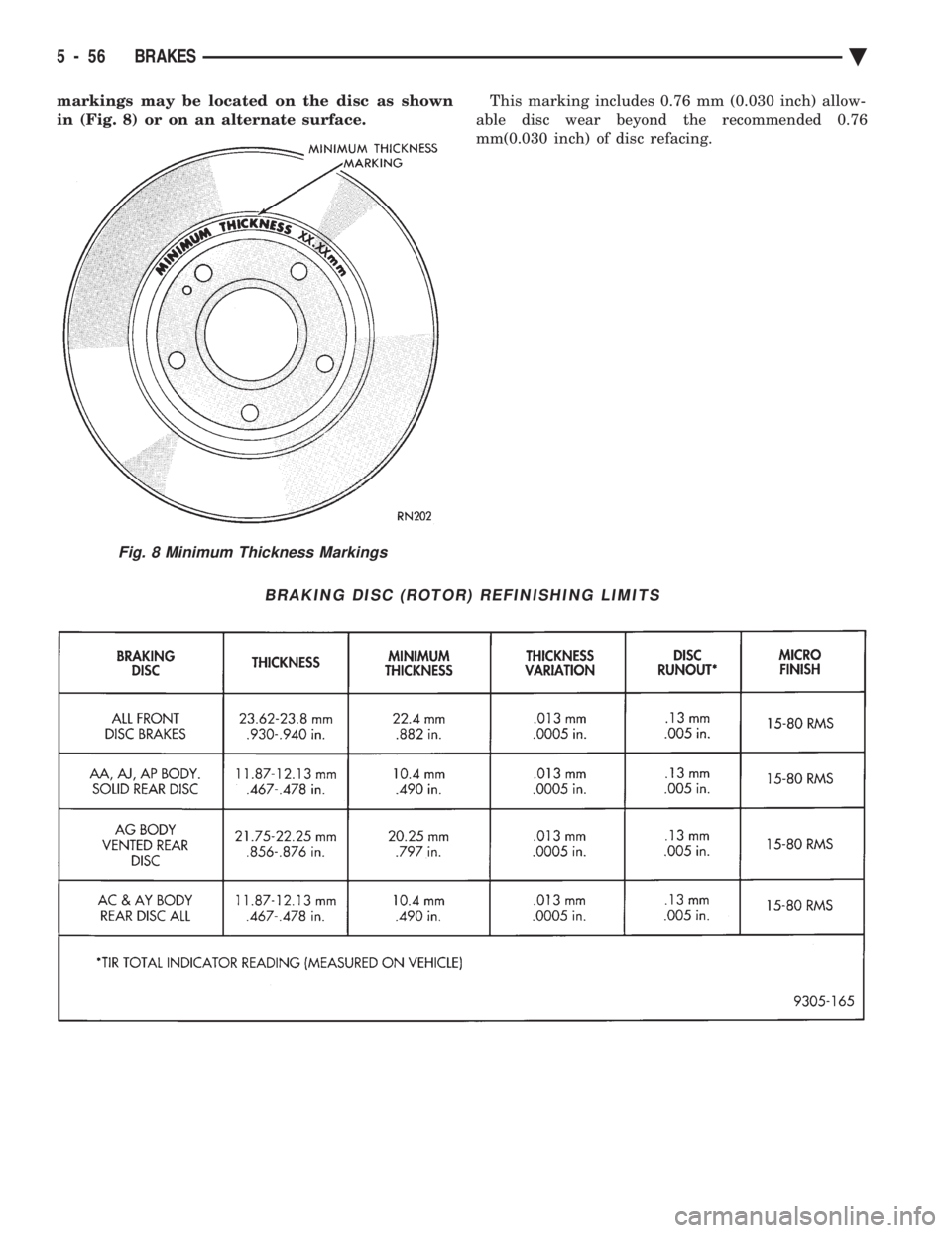 CHEVROLET PLYMOUTH ACCLAIM 1993  Service Manual markings may be located on the disc as shown 
in (Fig. 8) or on an alternate surface.  This marking includes 0.76 mm (0.030 inch) allow- 
able disc wear beyond the recommended 0.76
mm(0.030 inch) of d
