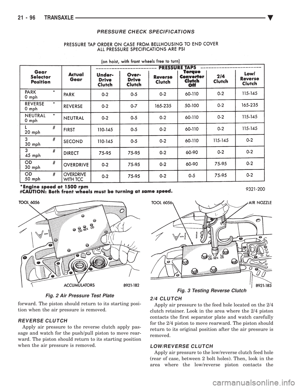 CHEVROLET PLYMOUTH ACCLAIM 1993  Service Manual forward. The piston should return to its starting posi- 
tion when the air pressure is removed.
REVERSE CLUTCH
Apply air pressure to the reverse clutch apply pas-
sage and watch for the push/pull pist