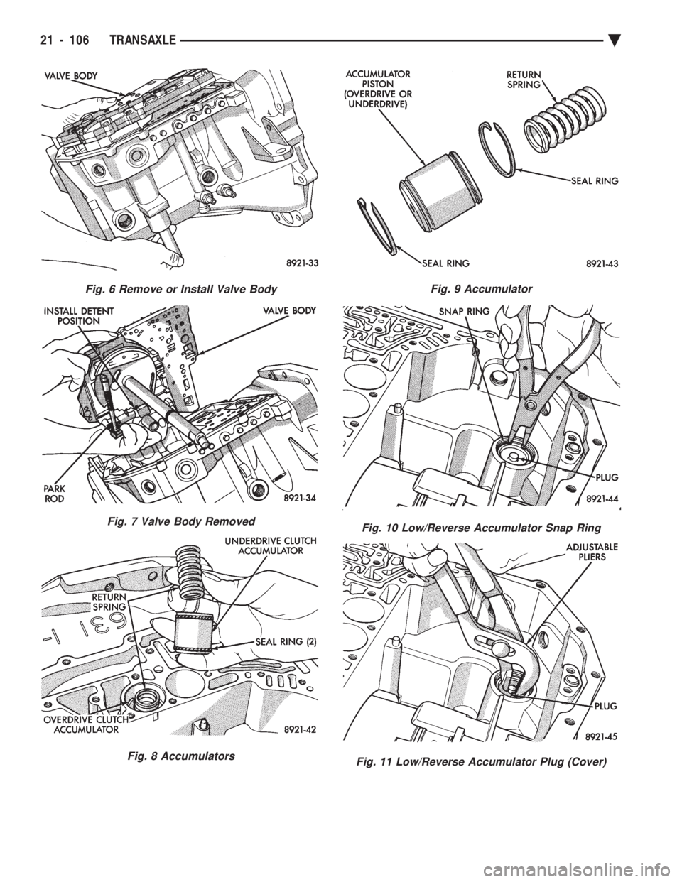 CHEVROLET PLYMOUTH ACCLAIM 1993  Service Manual Fig. 6 Remove or Install Valve Body
Fig. 7 Valve Body Removed
Fig. 8 Accumulators
Fig. 9 Accumulator
Fig. 10 Low/Reverse Accumulator Snap Ring
Fig. 11 Low/Reverse Accumulator Plug (Cover)
21 - 106 TRA