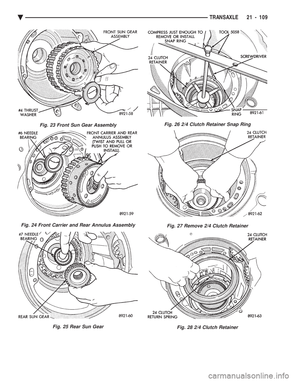 CHEVROLET PLYMOUTH ACCLAIM 1993  Service Manual Fig. 23 Front Sun Gear Assembly
Fig. 24 Front Carrier and Rear Annulus Assembly
Fig. 25 Rear Sun Gear
Fig. 26 2/4 Clutch Retainer Snap Ring
Fig. 27 Remove 2/4 Clutch Retainer
Fig. 28 2/4 Clutch Retain