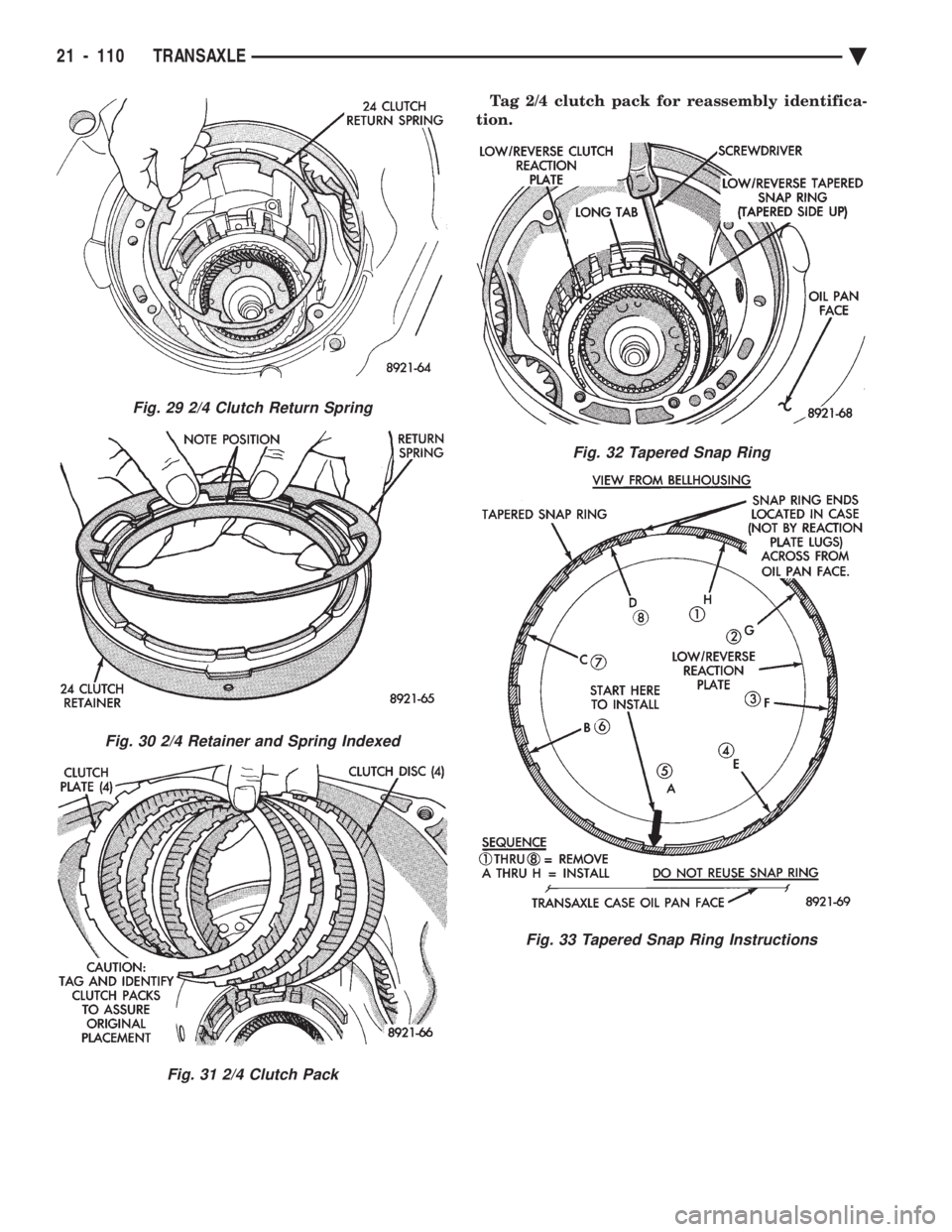 CHEVROLET PLYMOUTH ACCLAIM 1993  Service Manual Tag 2/4 clutch pack for reassembly identifica- 
tion.
Fig. 29 2/4 Clutch Return Spring
Fig. 30 2/4 Retainer and Spring Indexed
Fig. 31 2/4 Clutch Pack
Fig. 32 Tapered Snap Ring
Fig. 33 Tapered Snap Ri