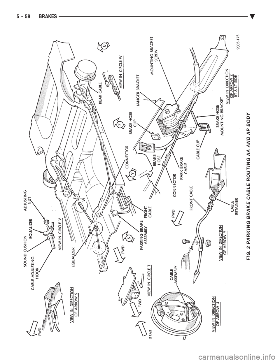 CHEVROLET PLYMOUTH ACCLAIM 1993  Service Manual FIG. 2 PARKING BRAKE CABLE ROUTING AA AND AP BODY
5 - 58 BRAKES Ä 