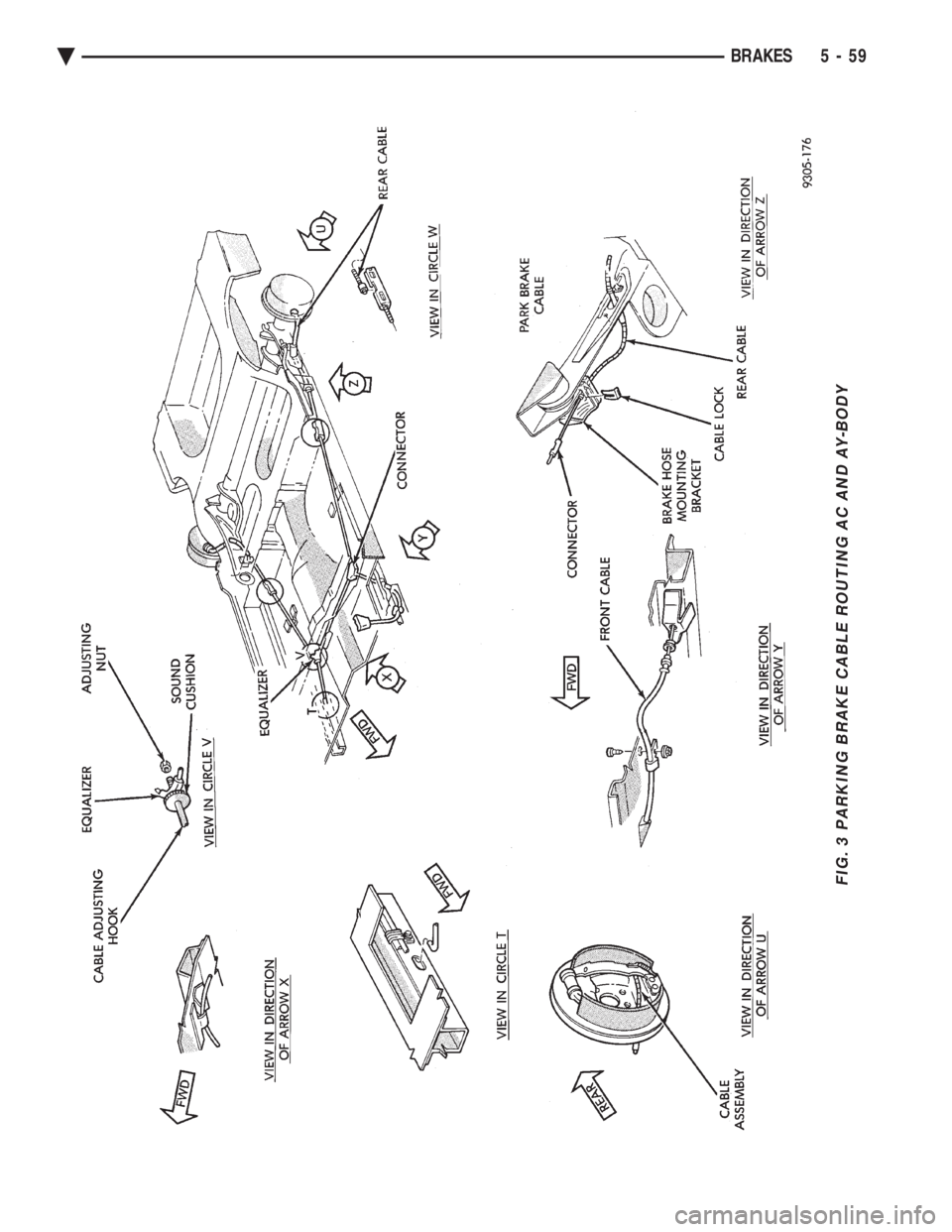 CHEVROLET PLYMOUTH ACCLAIM 1993  Service Manual FIG. 3 PARKING BRAKE CABLE ROUTING AC AND AY-BODY
Ä BRAKES 5 - 59 