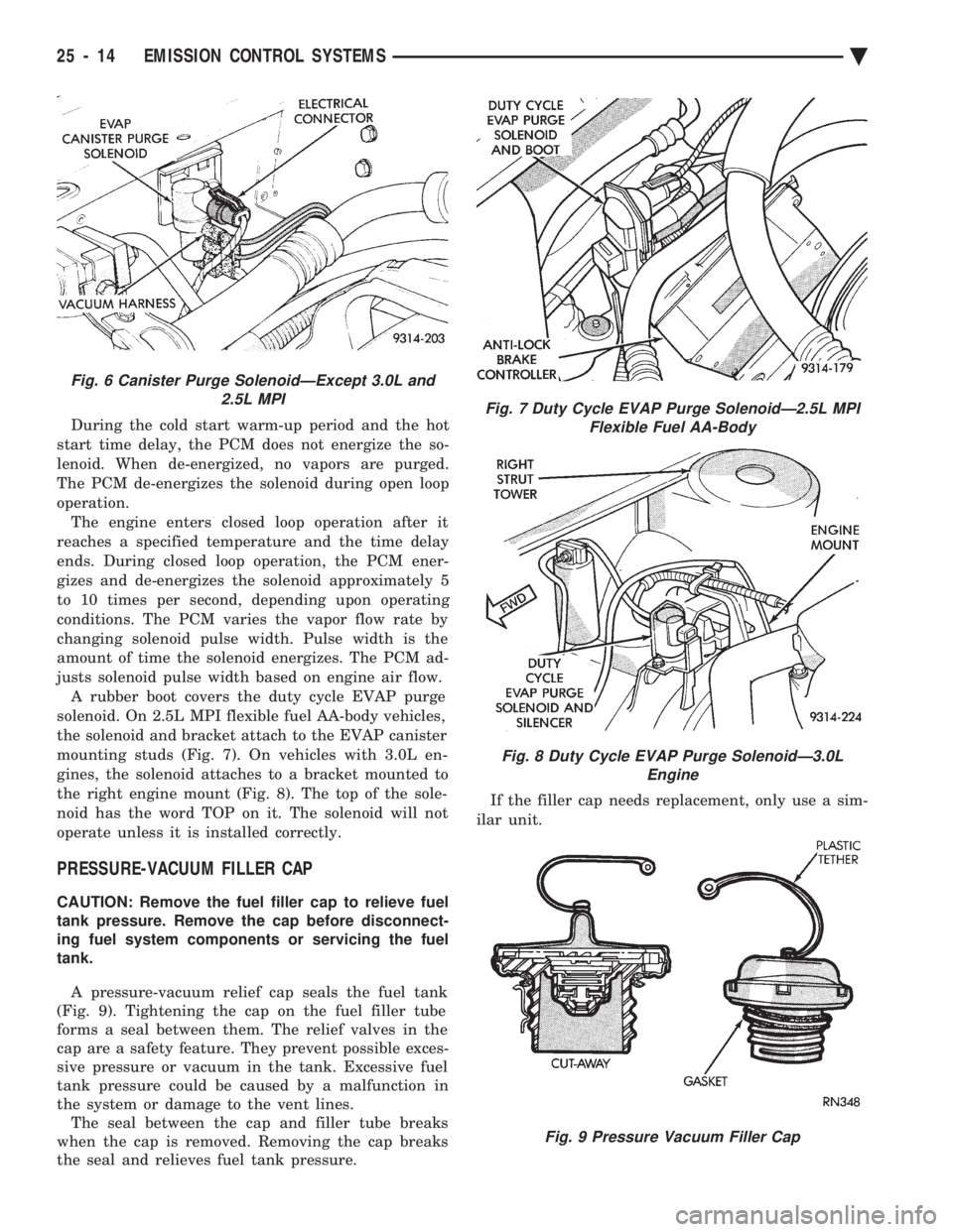 CHEVROLET PLYMOUTH ACCLAIM 1993 Service Manual During the cold start warm-up period and the hot
start time delay, the PCM does not energize the so-
lenoid. When de-energized, no vapors are purged.
The PCM de-energizes the solenoid during open loo CHEVROLET PLYMOUTH ACCLAIM 1993 Service Manual During the cold start warm-up period and the hot
start time delay, the PCM does not energize the so-
lenoid. When de-energized, no vapors are purged.
The PCM de-energizes the solenoid during open loo