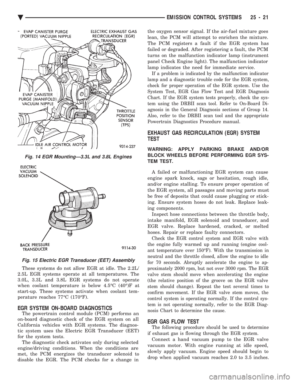 CHEVROLET PLYMOUTH ACCLAIM 1993 Service Manual These systems do not allow EGR at idle. The 2.2L/
2.5L EGR systems operate at all temperatures. The
3.0L, 3.3L and 3.8L EGR systems do not operate
when coolant temperature is below 4.5ÉC (40É)F at
CHEVROLET PLYMOUTH ACCLAIM 1993 Service Manual These systems do not allow EGR at idle. The 2.2L/
2.5L EGR systems operate at all temperatures. The
3.0L, 3.3L and 3.8L EGR systems do not operate
when coolant temperature is below 4.5ÉC (40É)F at