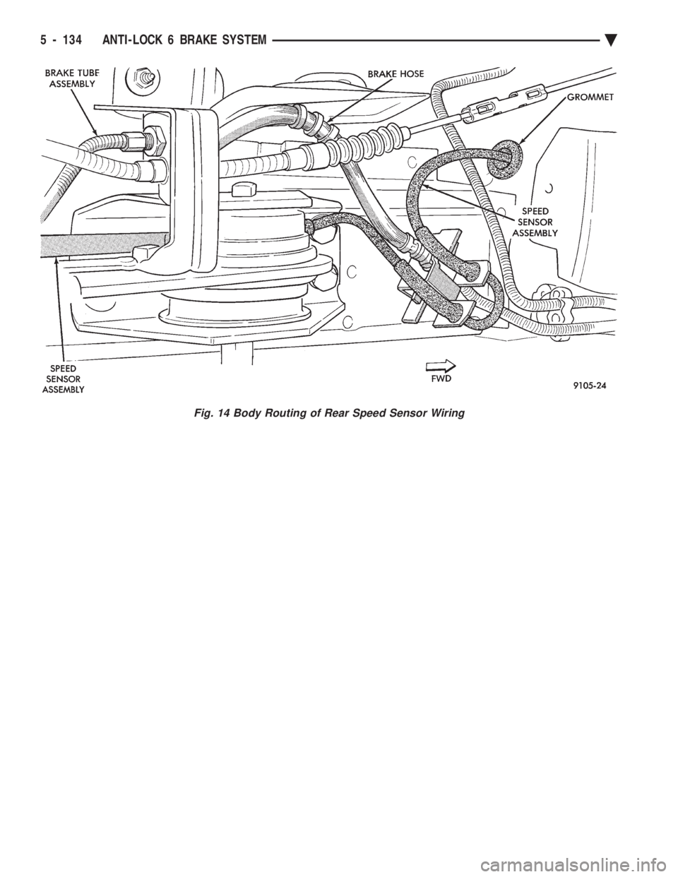 CHEVROLET PLYMOUTH ACCLAIM 1993  Service Manual Fig. 14 Body Routing of Rear Speed Sensor Wiring
5 - 134 ANTI-LOCK 6 BRAKE SYSTEM Ä 