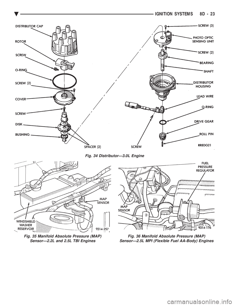 CHEVROLET PLYMOUTH ACCLAIM 1993  Service Manual Fig. 35 Manifold Absolute Pressure (MAP) SensorÐ2.2L and 2.5L TBI EnginesFig. 36 Manifold Absolute Pressure (MAP)
SensorÐ2.5L MPI (Flexible Fuel AA-Body) Engines
Fig. 34 DistributorÐ3.0L Engine
Ä 