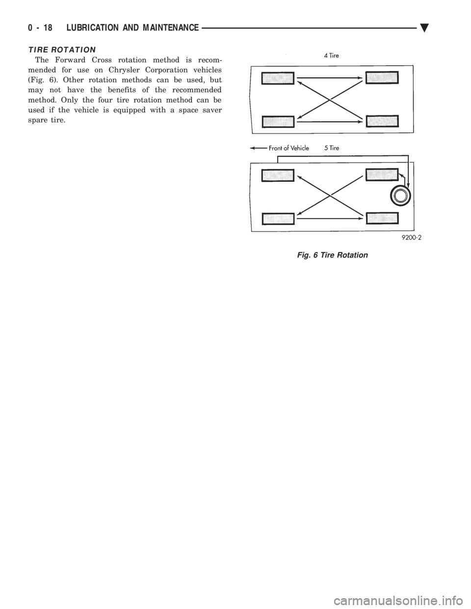 CHEVROLET PLYMOUTH ACCLAIM 1993  Service Manual TIRE ROTATION
The Forward Cross rotation method is recom- 
mended for use on Chrysler Corporation vehicles
(Fig. 6). Other rotation methods can be used, but
may not have the benefits of the recommende