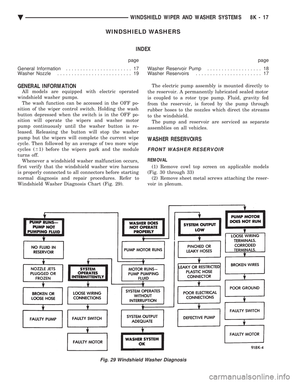 CHEVROLET PLYMOUTH ACCLAIM 1993 Service Manual WINDSHIELD WASHERS INDEX
page page
General Information ....................... 17
Washer Nozzle .......................... 19 Washer Reservoir Pump
................... 18
Washer Reservoirs ... CHEVROLET PLYMOUTH ACCLAIM 1993 Service Manual WINDSHIELD WASHERS INDEX
page page
General Information ....................... 17
Washer Nozzle .......................... 19 Washer Reservoir Pump
................... 18
Washer Reservoirs ...