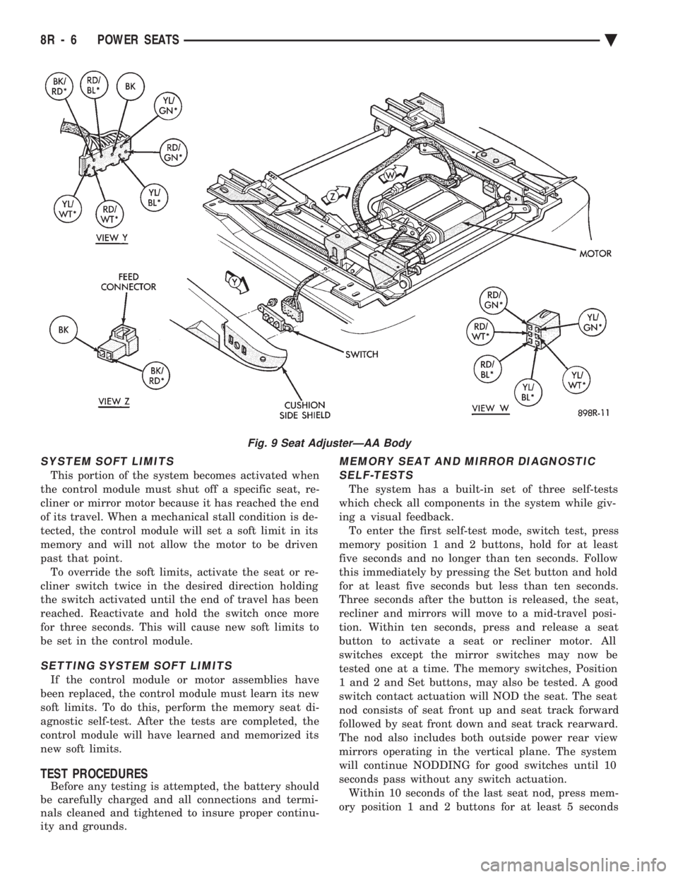 CHEVROLET PLYMOUTH ACCLAIM 1993 Service Manual SYSTEM SOFT LIMITS
This portion of the system becomes activated when
the control module must shut off a specific seat, re-
cliner or mirror motor because it has reached the end
of its travel. When a CHEVROLET PLYMOUTH ACCLAIM 1993 Service Manual SYSTEM SOFT LIMITS
This portion of the system becomes activated when
the control module must shut off a specific seat, re-
cliner or mirror motor because it has reached the end
of its travel. When a