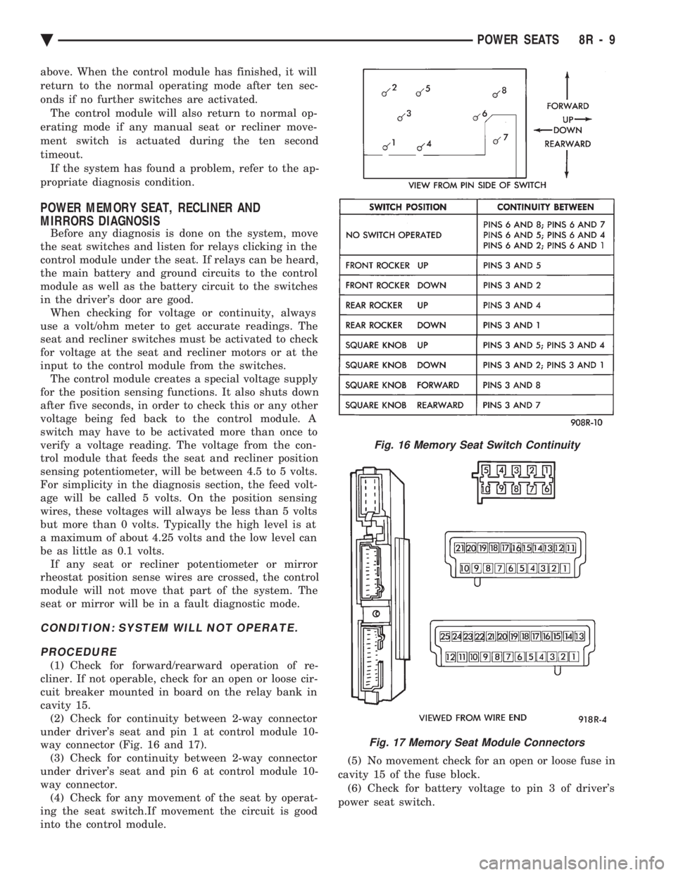 CHEVROLET PLYMOUTH ACCLAIM 1993 Service Manual above. When the control module has finished, it will
return to the normal operating mode after ten sec-
onds if no further switches are activated.The control module will also return to normal op-
era CHEVROLET PLYMOUTH ACCLAIM 1993 Service Manual above. When the control module has finished, it will
return to the normal operating mode after ten sec-
onds if no further switches are activated.The control module will also return to normal op-
era