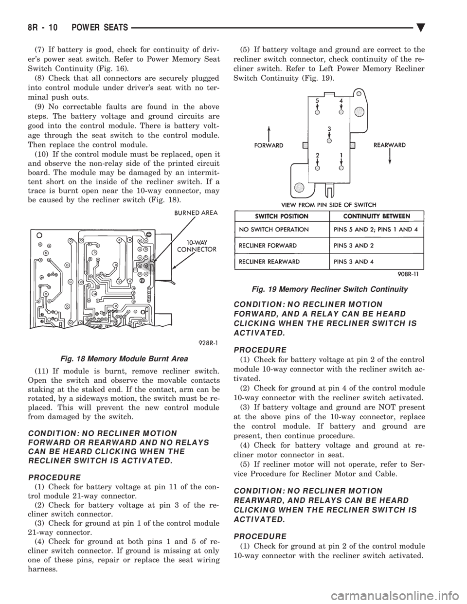CHEVROLET PLYMOUTH ACCLAIM 1993 Service Manual (7) If battery is good, check for continuity of driv-
ers power seat switch. Refer to Power Memory Seat
Switch Continuity (Fig. 16). (8) Check that all connectors are securely plugged
into control m CHEVROLET PLYMOUTH ACCLAIM 1993 Service Manual (7) If battery is good, check for continuity of driv-
ers power seat switch. Refer to Power Memory Seat
Switch Continuity (Fig. 16). (8) Check that all connectors are securely plugged
into control m