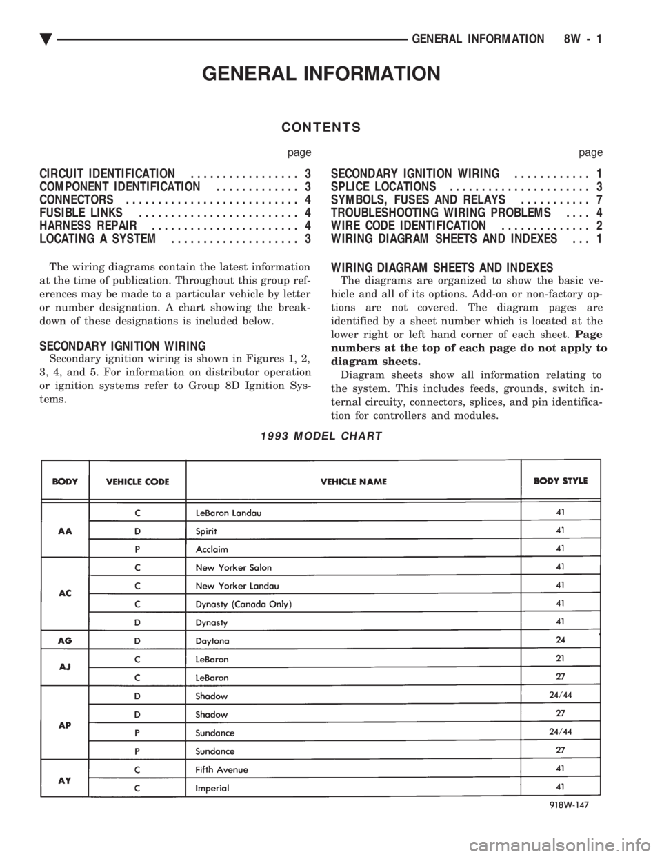 CHEVROLET PLYMOUTH ACCLAIM 1993 Service Manual GENERAL INFORMATION
CONTENTS
page page
CIRCUIT IDENTIFICATION ................. 3
COMPONENT IDENTIFICATION ............. 3
CONNECTORS ........................... 4
FUSIBLE LINKS ................ CHEVROLET PLYMOUTH ACCLAIM 1993 Service Manual GENERAL INFORMATION
CONTENTS
page page
CIRCUIT IDENTIFICATION ................. 3
COMPONENT IDENTIFICATION ............. 3
CONNECTORS ........................... 4
FUSIBLE LINKS ................