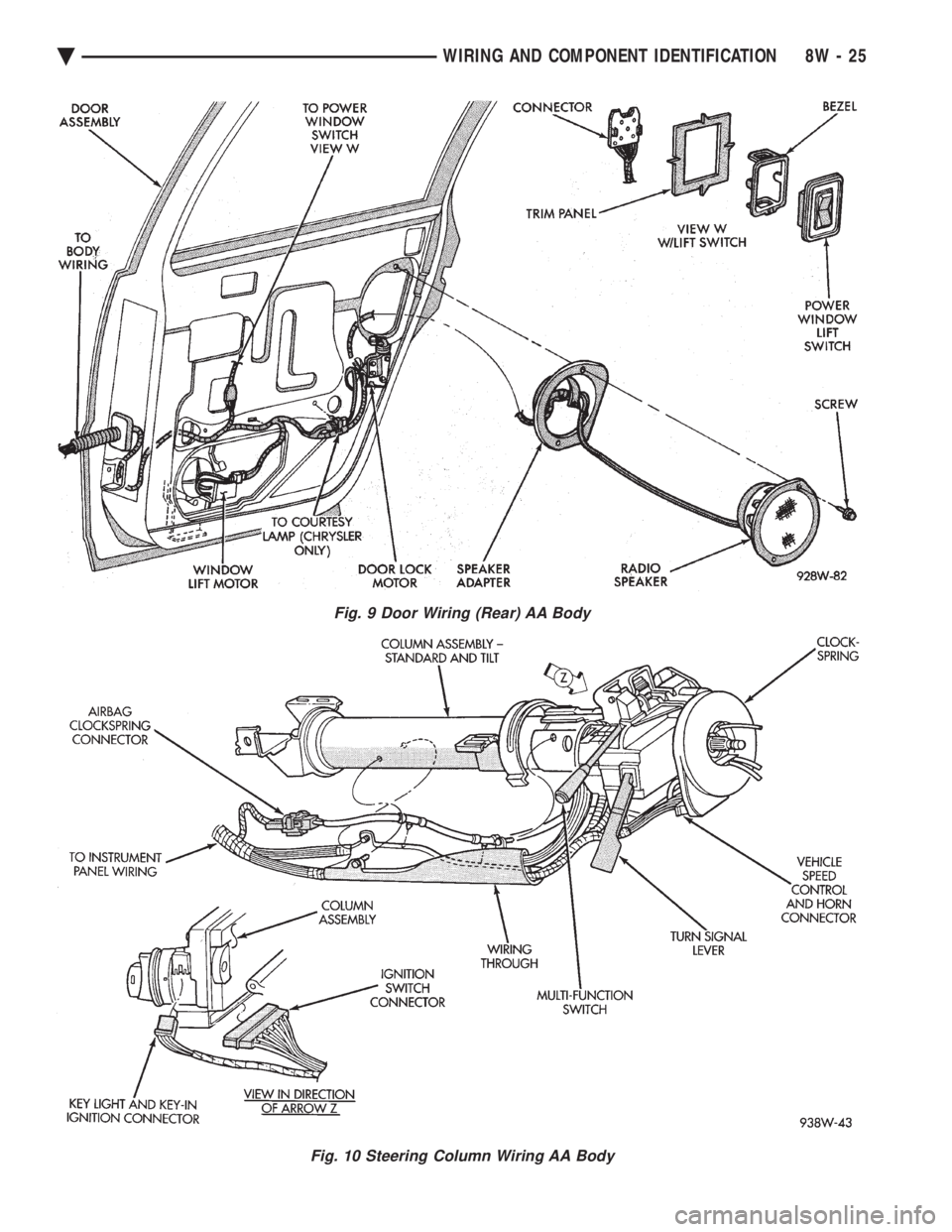 CHEVROLET PLYMOUTH ACCLAIM 1993  Service Manual Fig. 9 Door Wiring (Rear) AA Body
Fig. 10 Steering Column Wiring AA Body
Ä WIRING AND COMPONENT IDENTIFICATION 8W - 25 