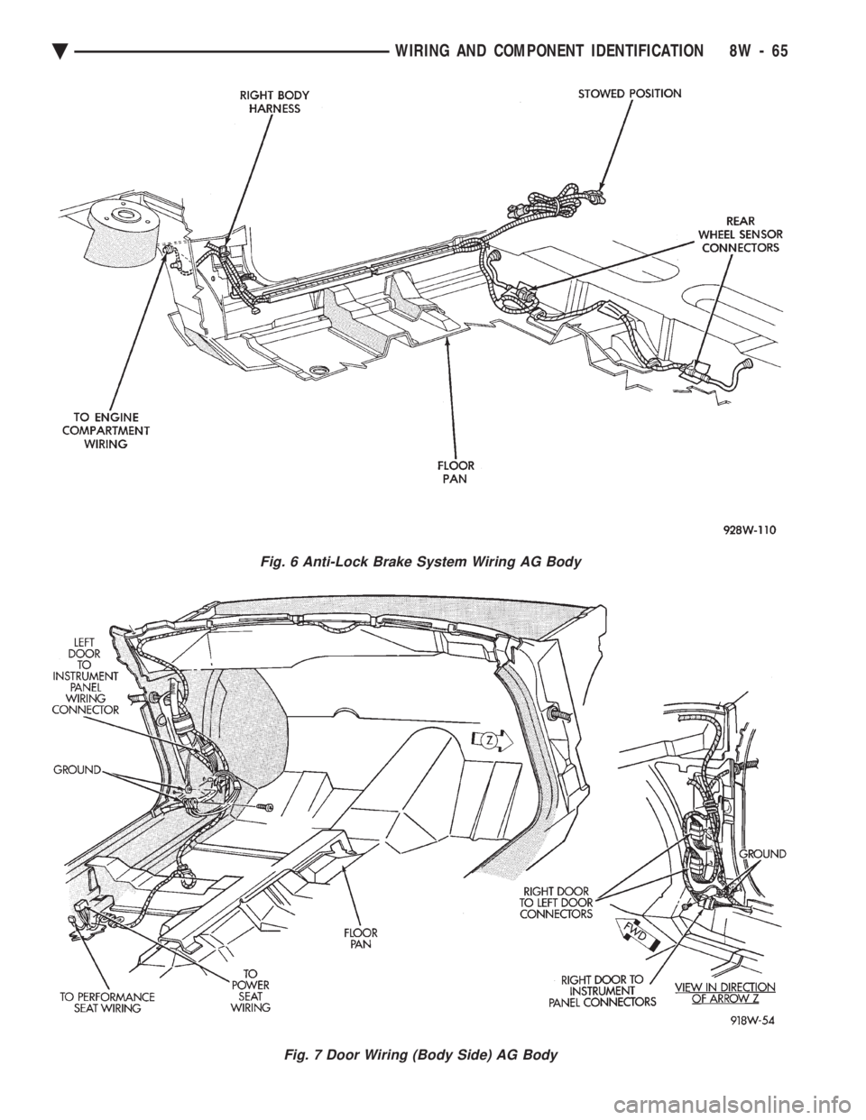 CHEVROLET PLYMOUTH ACCLAIM 1993  Service Manual Fig. 6 Anti-Lock Brake System Wiring AG Body
Fig. 7 Door Wiring (Body Side) AG Body
Ä WIRING AND COMPONENT IDENTIFICATION 8W - 65 