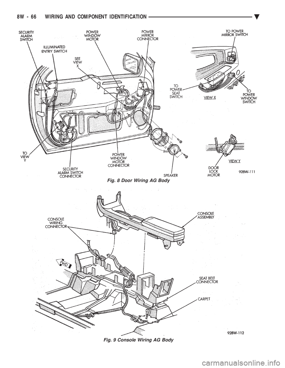 CHEVROLET PLYMOUTH ACCLAIM 1993  Service Manual Fig. 8 Door Wiring AG Body
Fig. 9 Console Wiring AG Body
8W - 66 WIRING AND COMPONENT IDENTIFICATION Ä 