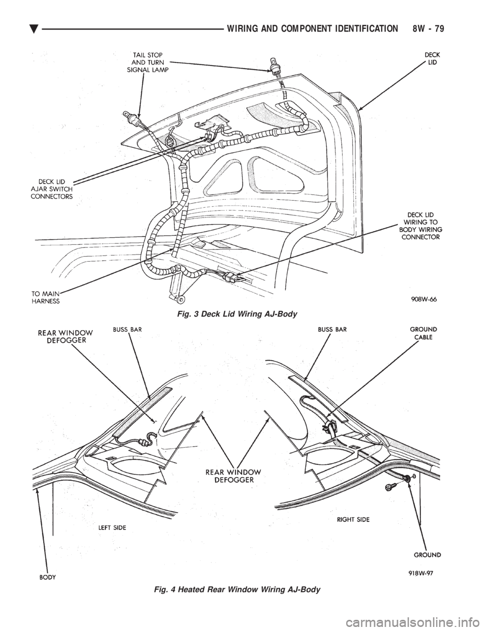 CHEVROLET PLYMOUTH ACCLAIM 1993  Service Manual Fig. 3 Deck Lid Wiring AJ-Body
Fig. 4 Heated Rear Window Wiring AJ-Body
Ä WIRING AND COMPONENT IDENTIFICATION 8W - 79 