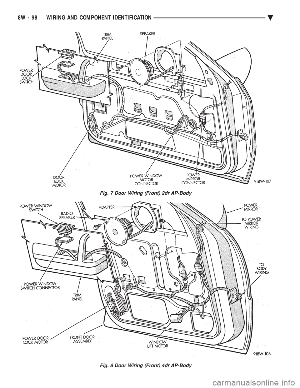 CHEVROLET PLYMOUTH ACCLAIM 1993  Service Manual Fig. 7 Door Wiring (Front) 2dr AP-Body
Fig. 8 Door Wiring (Front) 4dr AP-Body
8W - 98 WIRING AND COMPONENT IDENTIFICATION Ä 