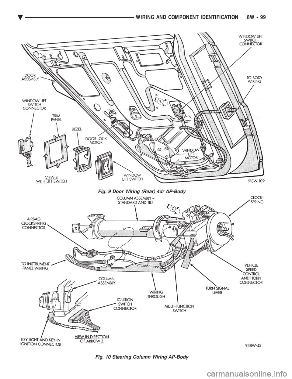 CHEVROLET PLYMOUTH ACCLAIM 1993  Service Manual Fig. 9 Door Wiring (Rear) 4dr AP-Body
Fig. 10 Steering Column Wiring AP-Body
Ä WIRING AND COMPONENT IDENTIFICATION 8W - 99 