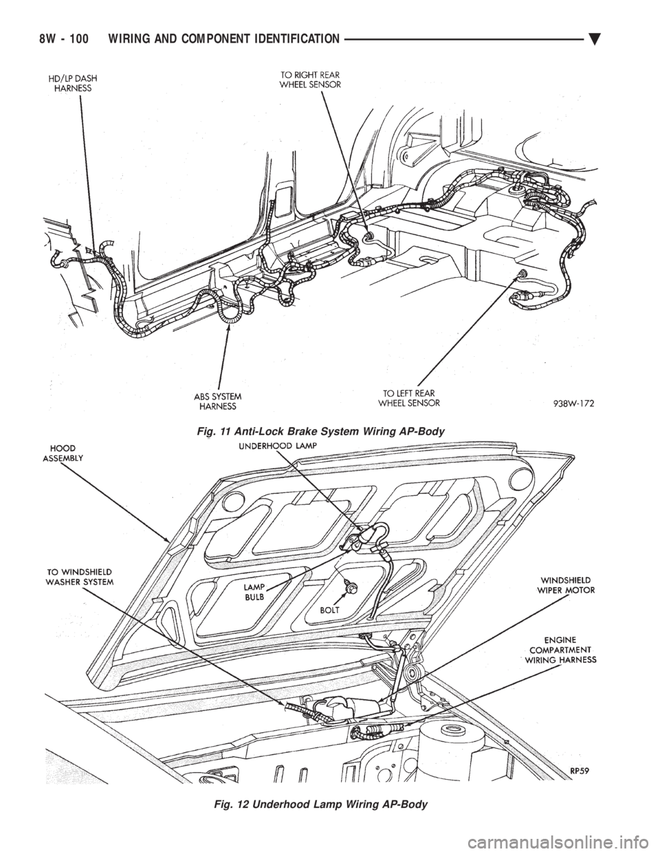 CHEVROLET PLYMOUTH ACCLAIM 1993  Service Manual Fig. 11 Anti-Lock Brake System Wiring AP-Body
Fig. 12 Underhood Lamp Wiring AP-Body
8W - 100 WIRING AND COMPONENT IDENTIFICATION Ä 