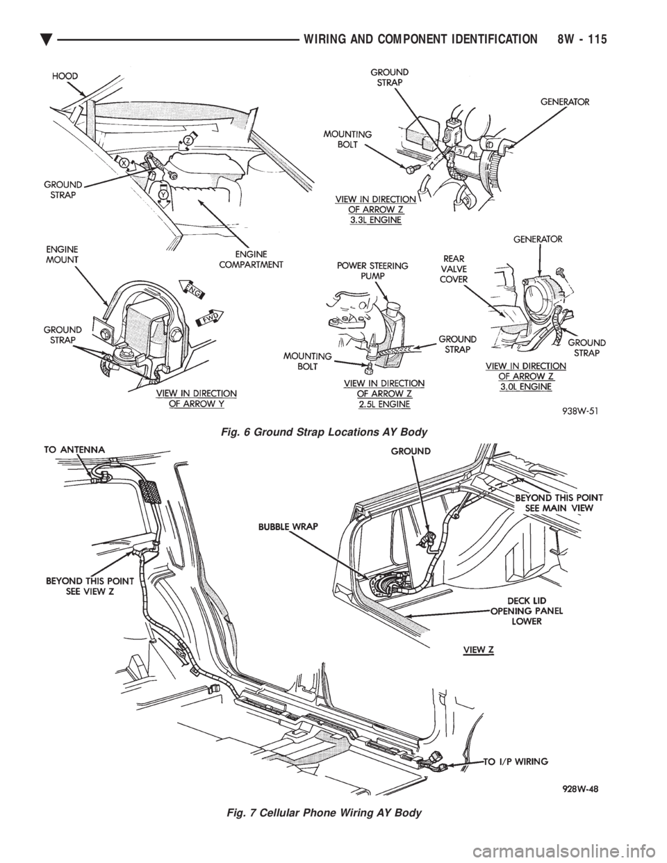 CHEVROLET PLYMOUTH ACCLAIM 1993  Service Manual Fig. 6 Ground Strap Locations AY Body
Fig. 7 Cellular Phone Wiring AY Body
Ä WIRING AND COMPONENT IDENTIFICATION 8W - 115 