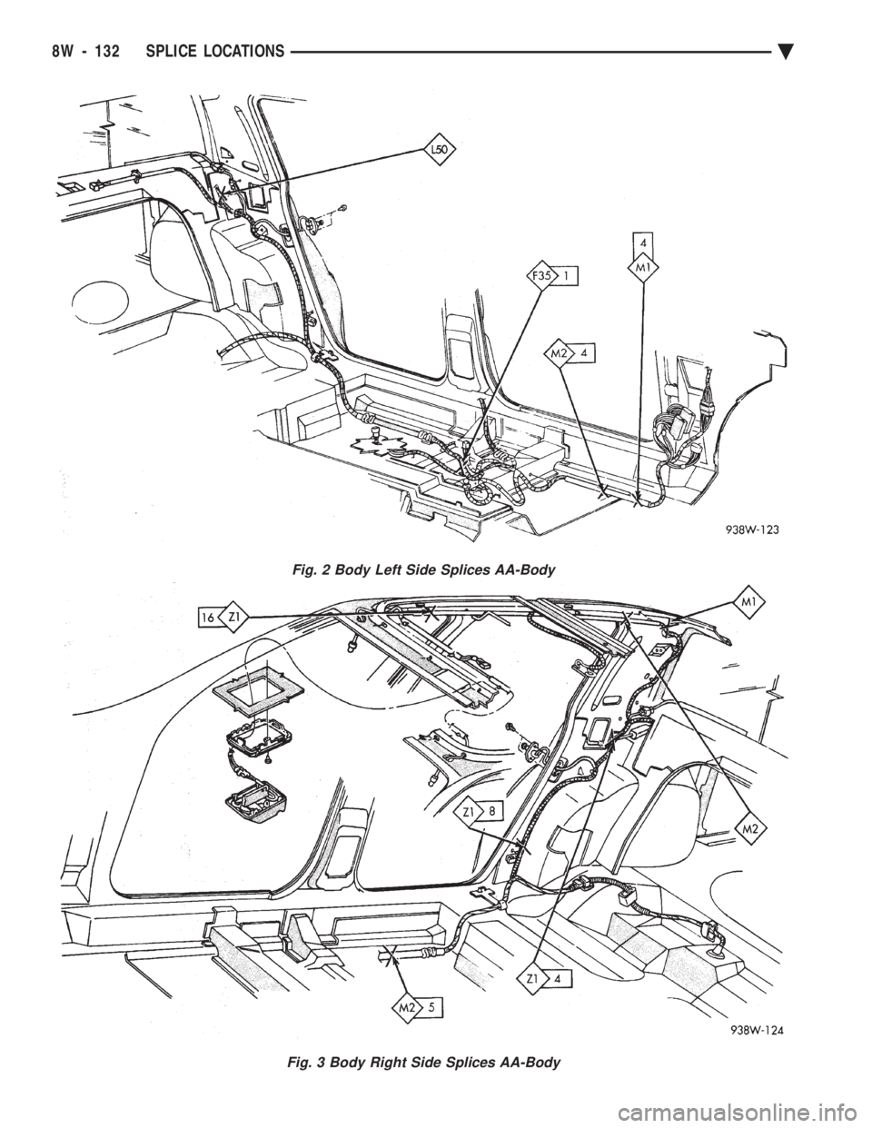 CHEVROLET PLYMOUTH ACCLAIM 1993  Service Manual Fig. 2 Body Left Side Splices AA-Body
Fig. 3 Body Right Side Splices AA-Body
8W - 132 SPLICE LOCATIONS Ä 