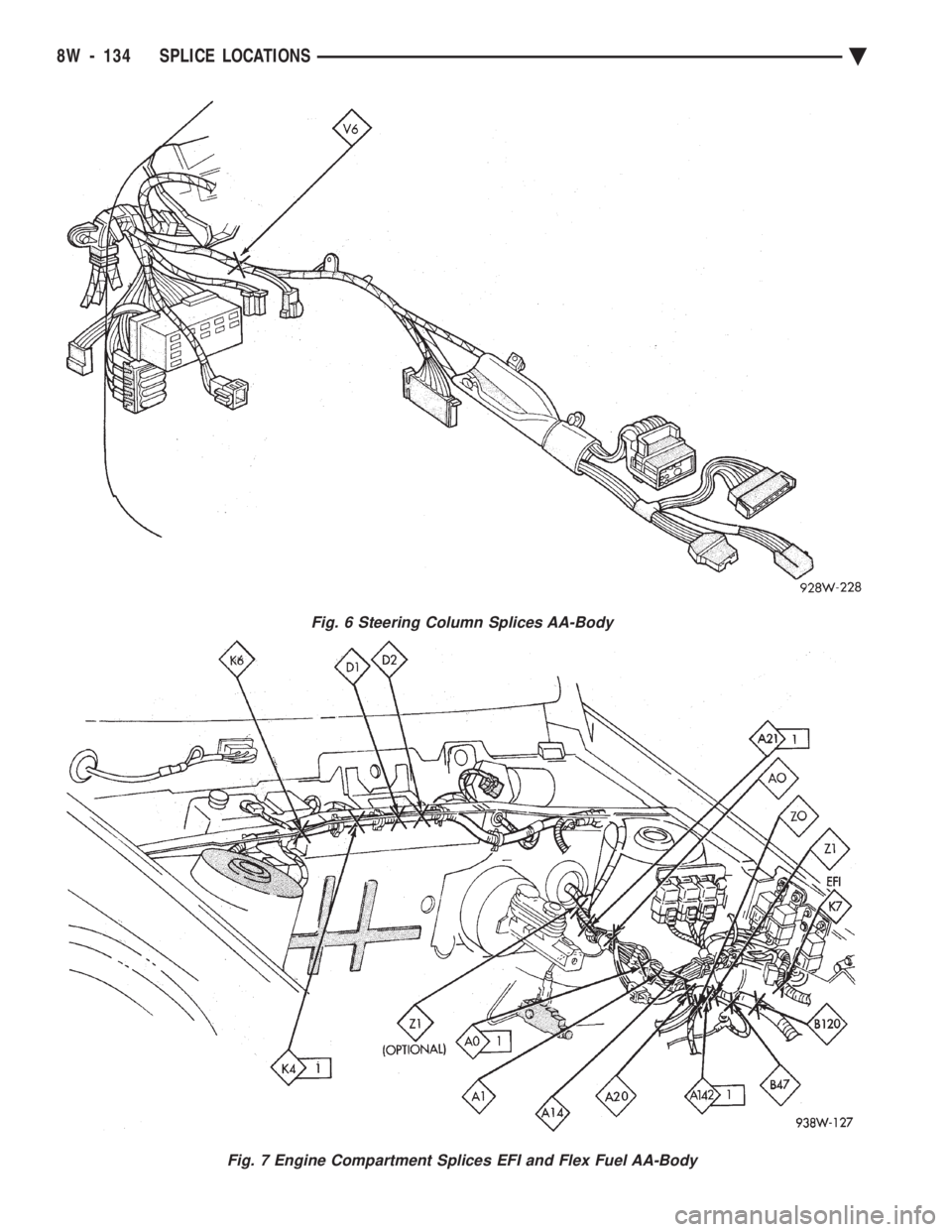 CHEVROLET PLYMOUTH ACCLAIM 1993  Service Manual Fig. 6 Steering Column Splices AA-Body
Fig. 7 Engine Compartment Splices EFI and Flex Fuel AA-Body
8W - 134 SPLICE LOCATIONS Ä 