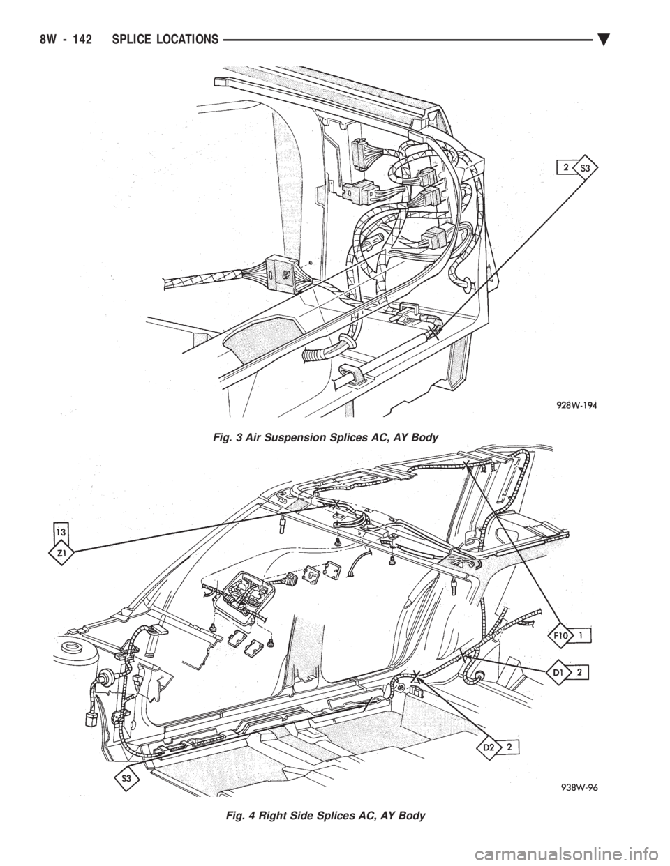 CHEVROLET PLYMOUTH ACCLAIM 1993  Service Manual Fig. 3 Air Suspension Splices AC, AY Body
Fig. 4 Right Side Splices AC, AY Body
8W - 142 SPLICE LOCATIONS Ä 