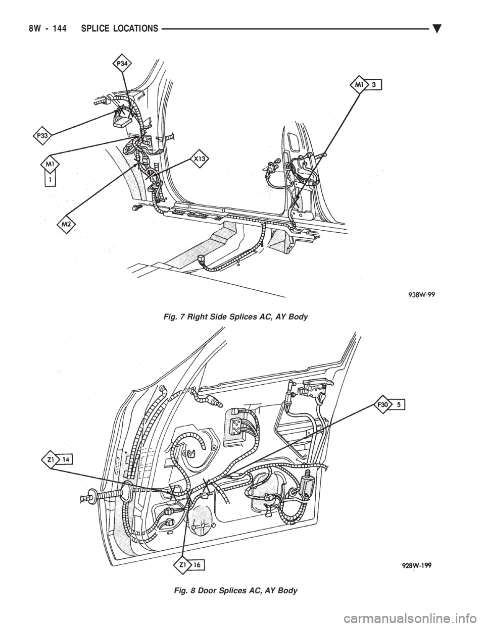 CHEVROLET PLYMOUTH ACCLAIM 1993  Service Manual Fig. 7 Right Side Splices AC, AY Body
Fig. 8 Door Splices AC, AY Body
8W - 144 SPLICE LOCATIONS Ä 