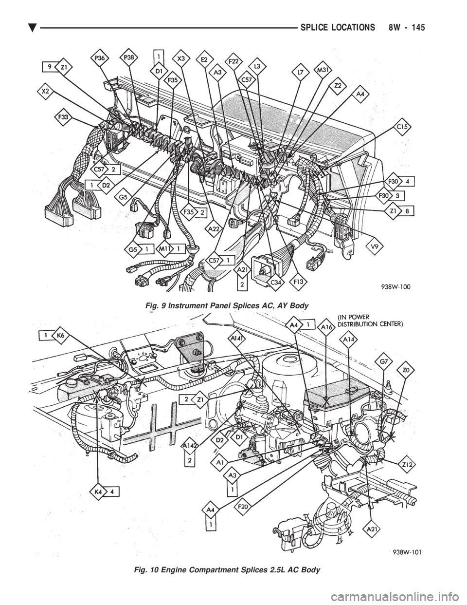 CHEVROLET PLYMOUTH ACCLAIM 1993  Service Manual Fig. 9 Instrument Panel Splices AC, AY Body
Fig. 10 Engine Compartment Splices 2.5L AC Body
Ä SPLICE LOCATIONS 8W - 145 