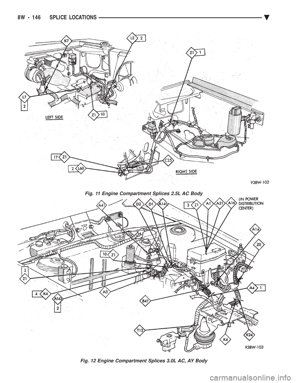 CHEVROLET PLYMOUTH ACCLAIM 1993  Service Manual Fig. 11 Engine Compartment Splices 2.5L AC Body
Fig. 12 Engine Compartment Splices 3.0L AC, AY Body
8W - 146 SPLICE LOCATIONS Ä 