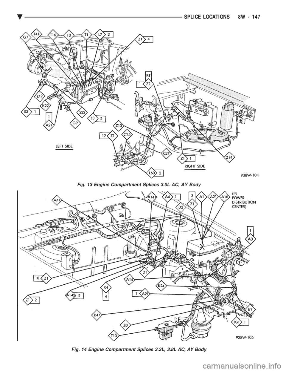 CHEVROLET PLYMOUTH ACCLAIM 1993  Service Manual Fig. 13 Engine Compartment Splices 3.0L AC, AY Body
Fig. 14 Engine Compartment Splices 3.3L, 3.8L AC, AY Body
Ä SPLICE LOCATIONS 8W - 147 