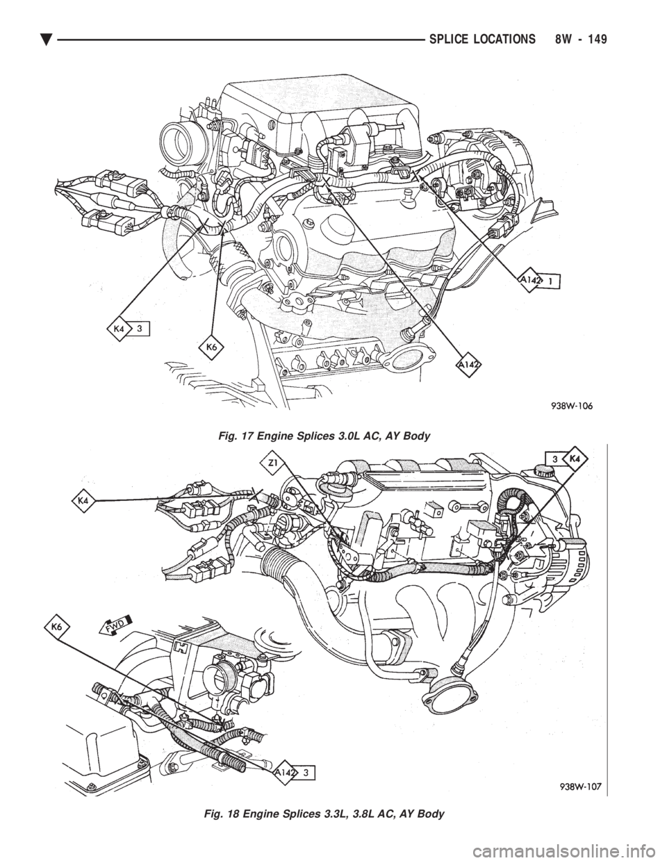 CHEVROLET PLYMOUTH ACCLAIM 1993  Service Manual Fig. 17 Engine Splices 3.0L AC, AY Body
Fig. 18 Engine Splices 3.3L, 3.8L AC, AY Body
Ä SPLICE LOCATIONS 8W - 149 