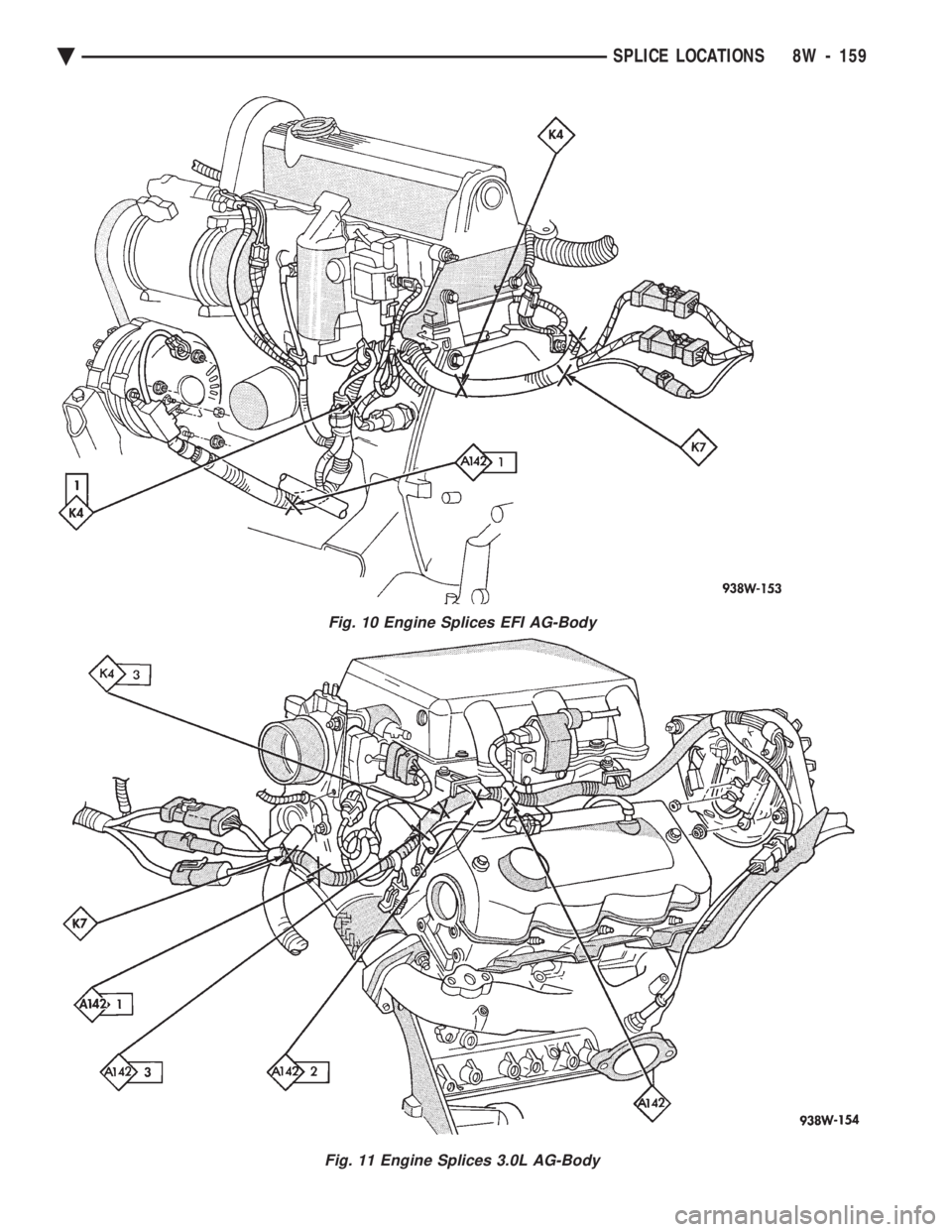 CHEVROLET PLYMOUTH ACCLAIM 1993  Service Manual Fig. 10 Engine Splices EFI AG-Body
Fig. 11 Engine Splices 3.0L AG-Body
Ä SPLICE LOCATIONS 8W - 159 