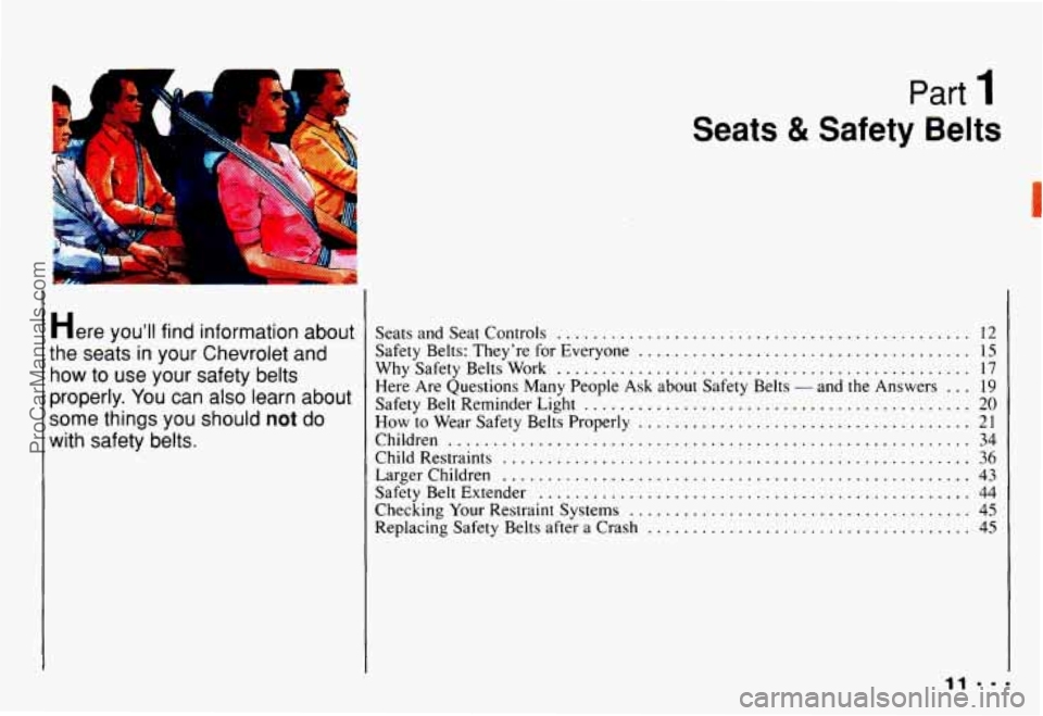 CHEVROLET CAMARO 1993  Owners Manual Part 1 
. 
Seats & Safety  Belts 
I 
Here YOU’II find information  about 
the  seats  in your  Chevrolet  and 
how to  use  your  safety  belts 
properly 
. You  can also learn  about 
some  things 