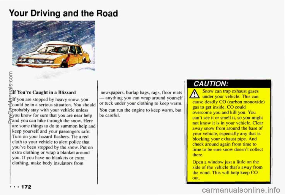 CHEVROLET CAMARO 1993  Owners Manual Your Driving and the Road 
If You’re Caught in a Blizzard 
If you are stopped by heavy  snow,  you 
could  be 
in a serious  situation.  You should 
probably  stay 
with your  vehicle  unless 
you  