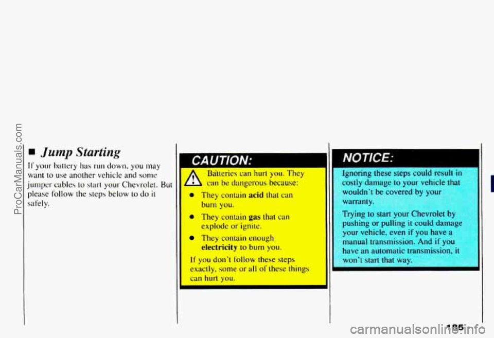 CHEVROLET CAMARO 1993  Owners Manual Jump Starting 
If your  battery has run down, you may 
want to use another vehicle and some 
jumper 
cables to start  your  Chevrolet. But 
please follow the steps below to do it 
safely. 
A Batteries