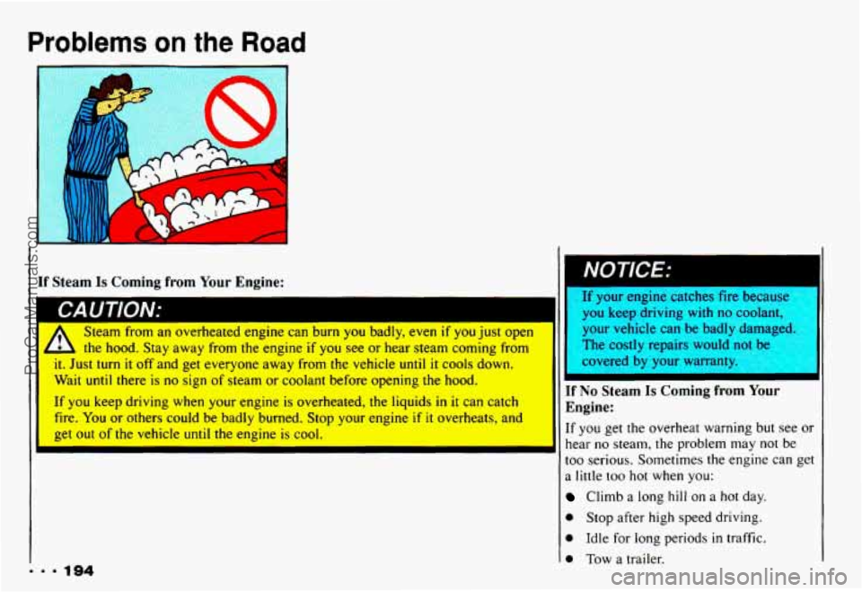 CHEVROLET CAMARO 1993  Owners Manual Problems on the Road 
If Steam Is Coming  from  Your  Engine: 
W1Ldr-W II LUU I ILJN. 
Steam  from an overheated  engine  can bum you badly,  even if you just open 
k the hood. Stay away from the  en