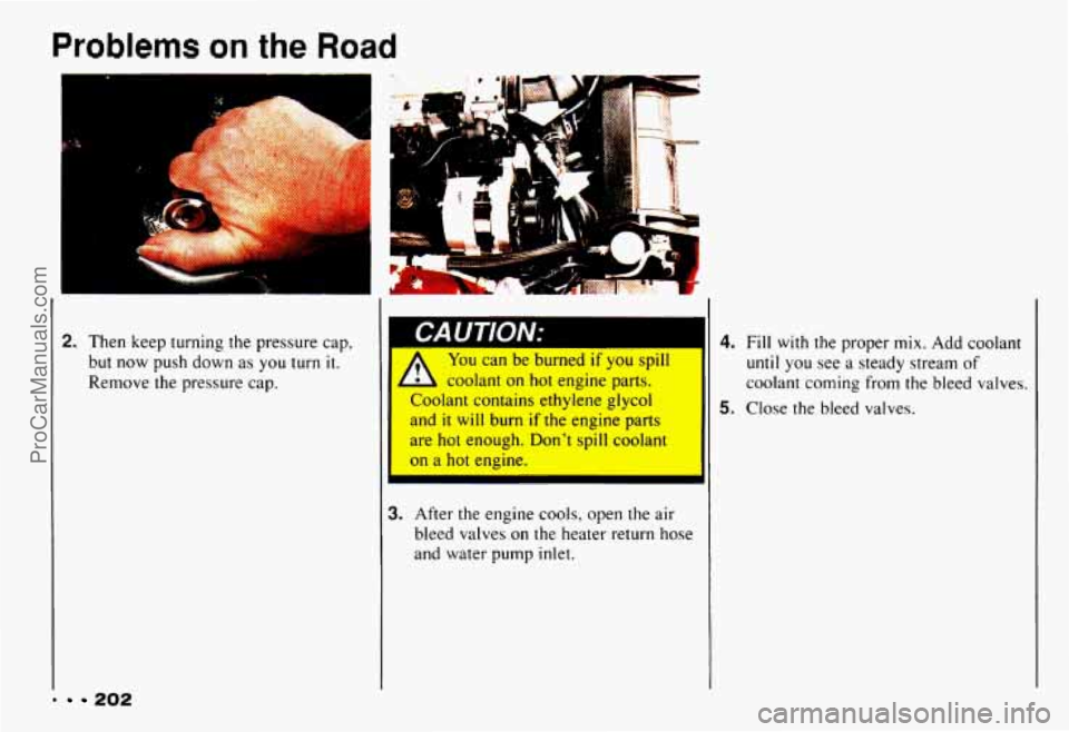 CHEVROLET CAMARO 1993  Owners Manual Problems  on the Road 
-4 
I I 
2. Then  keep turning the  pressure cap, 
but now push down  as  you turn it. 
Remove  the  pressure  cap. 
"sl 
You can be burned if you spill 
L coolant  on hot engin