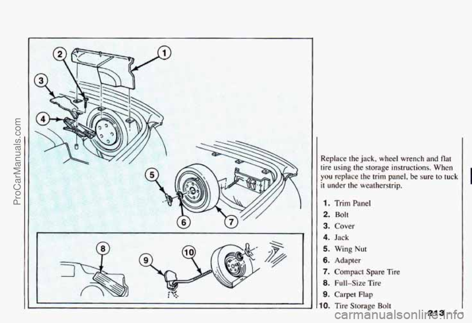 CHEVROLET CAMARO 1993  Owners Manual J 
Replace  the jack, wheel  wrench  and  flat 
tire  using  the  storage  instructions.  When 
you replace  the  trim  panel, be sure  to  tuck 
it under  the  weatherstrip. 
1. Trim  Panel 
2. Bolt 